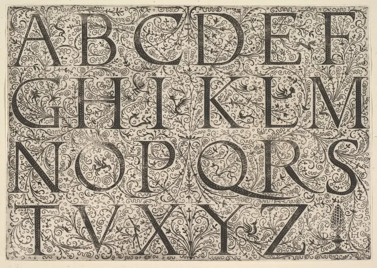 Etched Roman capitals A to Z set over a dense ground of scrolling foliage, by Daniel Hopfer