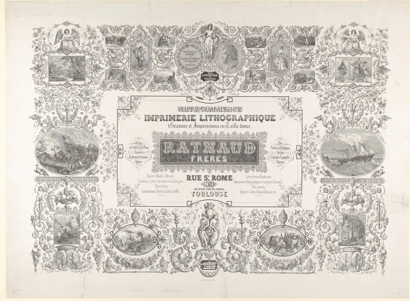 Ornate lithographed advertisement for a printing firm, framed by small scenes and scrollwork
