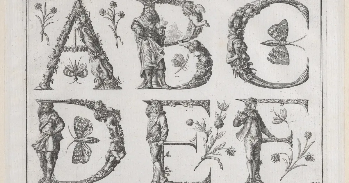Engraved letters A to F built from figures, flowers and butterflies