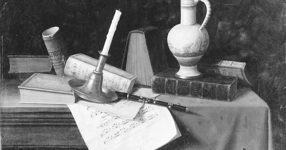 Painting of old books, a candlestick, a jug and sheet music on a table