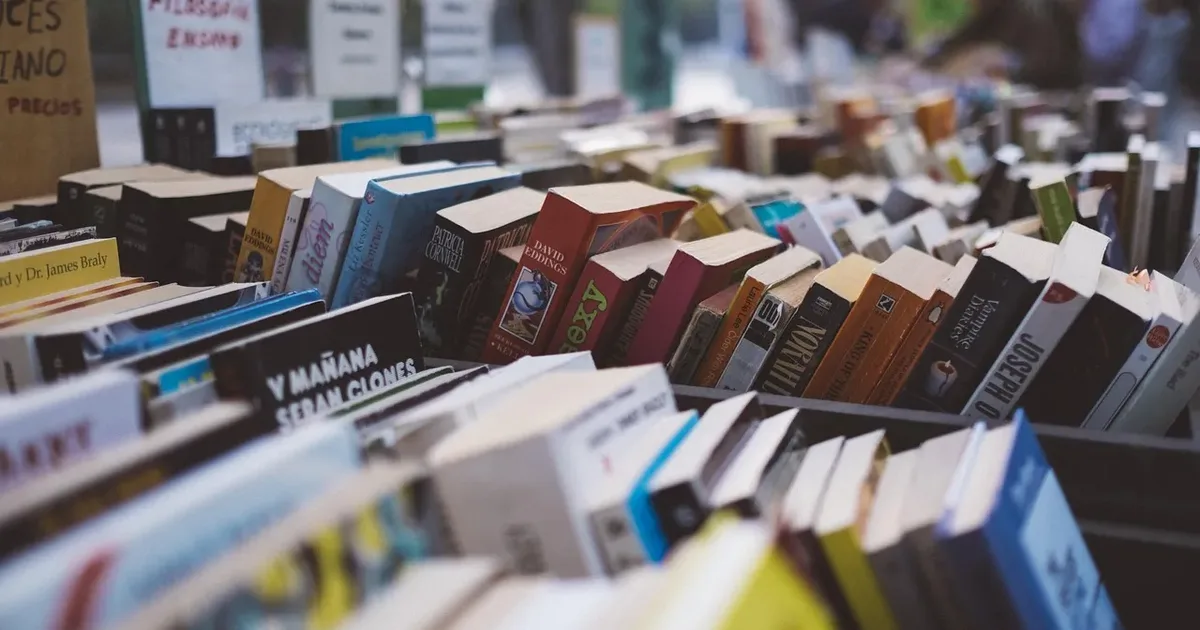 Rows of second-hand books spine up on an outdoor stall