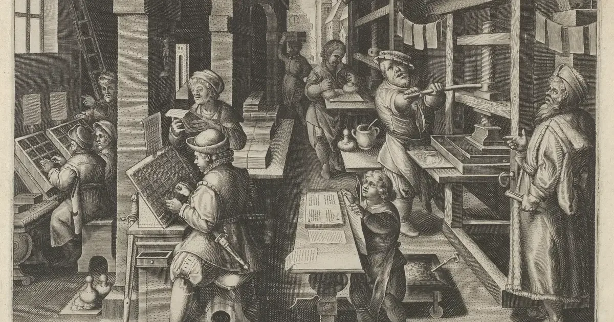 Engraving of a busy printing workshop: compositors setting type and printers working wooden presses