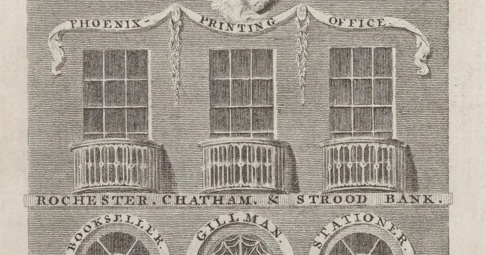 Engraved trade card showing a three-storey shopfront with a circulating library on a high street