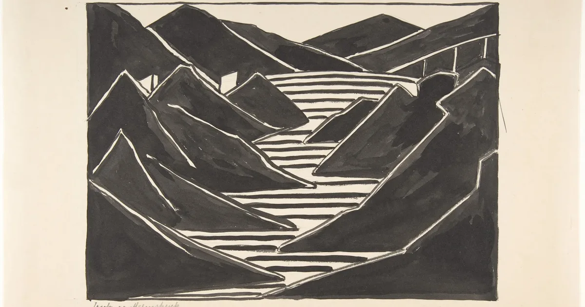 Black ink composition of angular mountains around a fjord drawn in white stripes, by Jacoba van Heemskerck